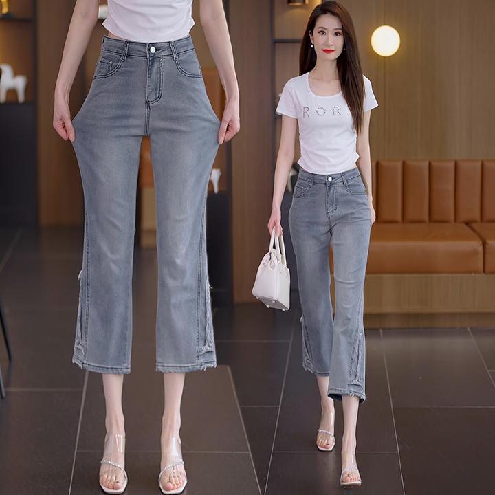 烟灰色2025新款复古洋气小个子女夏季薄款八九分微喇叭牛仔裤女