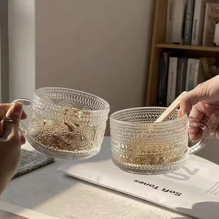 复古浮雕燕麦早餐玻璃杯大容量麦片牛奶网红酸奶杯加厚防滑高品质