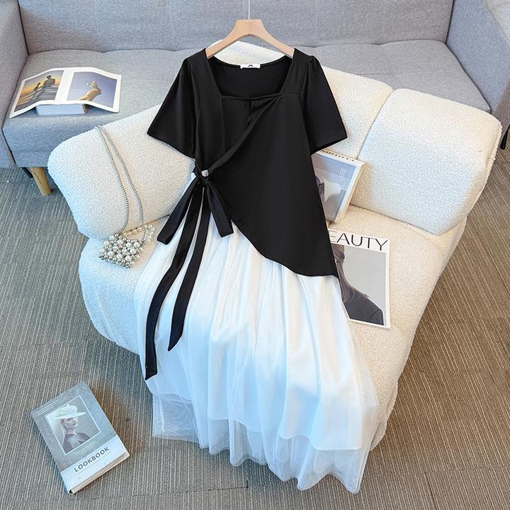 【莫妮卡】300斤特大码女装夏季撞色褶皱收腰设计感气质连衣裙