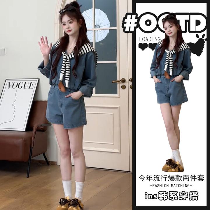 2025新款时尚气质百搭连帽上衣+高腰牛仔短裤慵懒风一整套穿搭潮