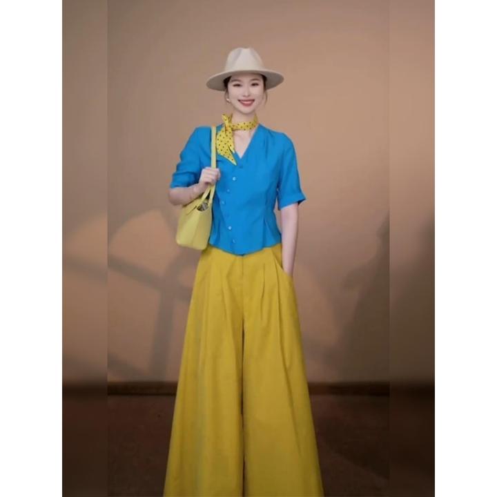 2025夏季多巴胺阔腿裤穿搭一整套女气质巨好看的蓝色短袖休闲套装