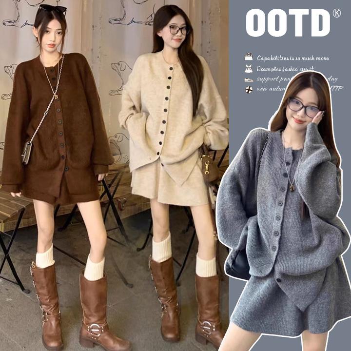 秋季孕妇装时髦洋气秋冬妇针织开扣圆领开衫毛衣上衣＋半裙两件套