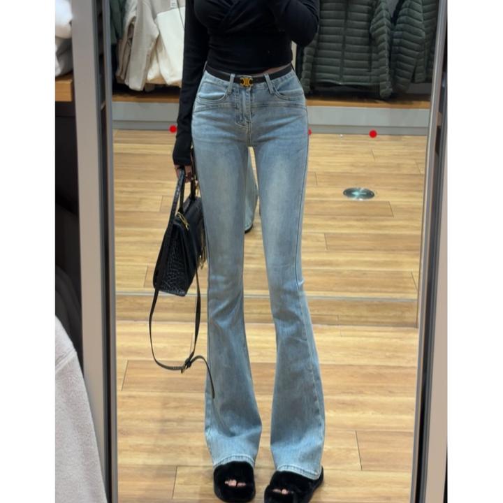 冰蓝色高腰牛仔裤女2025秋季新款百搭弹力修身显瘦显腿长喇叭裤