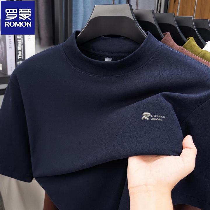 罗蒙秋冬时尚潮流半高领磨毛短袖T恤男士保暖半袖内搭上衣打底衫