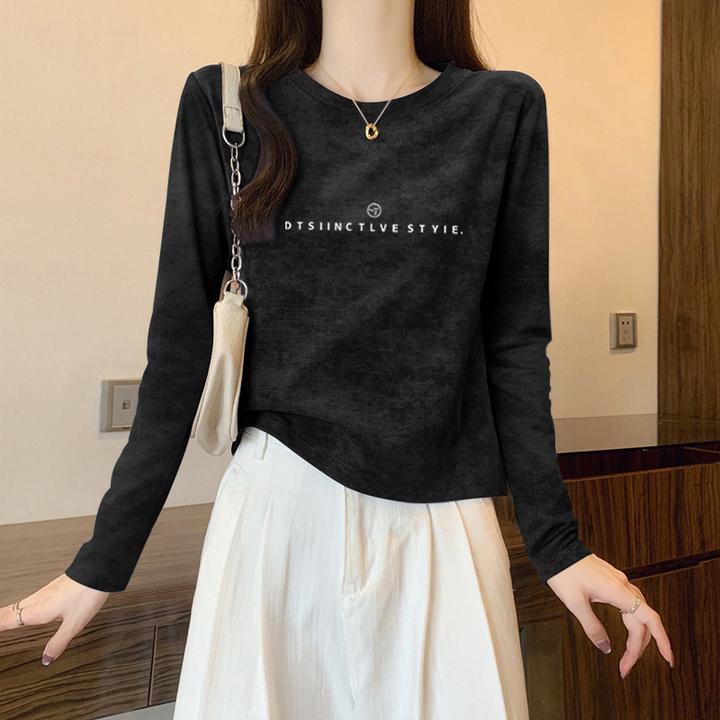 秋季美式复古扎染长袖t恤女2025新款修身显瘦短款打底衫内搭上衣