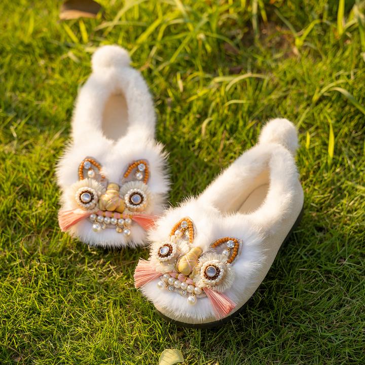 白色毛毛女棉鞋女款原创秋冬国风纯手工虎头鞋保暖舒适外出防滑