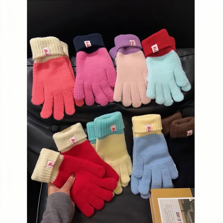 可爱童趣撞色分指款男女情侣朋友冬季手套卡通女士骑行加绒手套