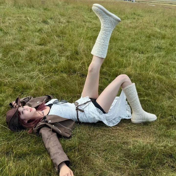 网面高凉靴女夏季凉鞋2025薄款镂空中筒靴棉麻风马丁网靴子女春秋