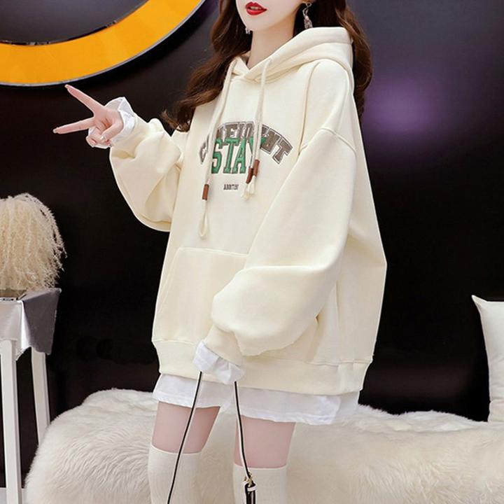 假两件连帽卫衣女小个子春秋薄款宽松中长款设计感小众上衣外套潮