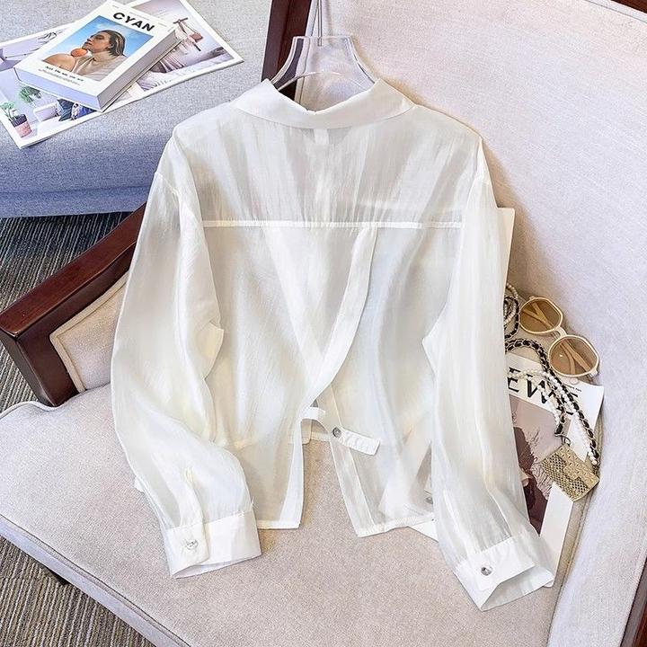 不规则开叉防晒衬衫外搭女夏薄款冰丝开衫衬衣小个子雪纺白色上衣