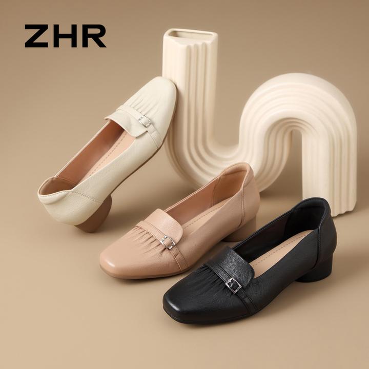 ZHR/则则真皮复古乐福鞋女款2025秋季新款浅口通勤妈妈鞋增高单鞋