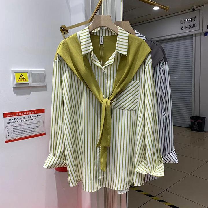 韩版条纹设计感假两件衬衫女纯秋宽松休闲别致带披肩长袖洋气上衣