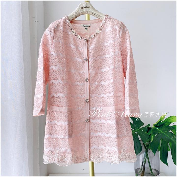 PinkMary粉红玛琍粉色圆领上衣小香风外套女甜美时尚镂空蕾丝开衫