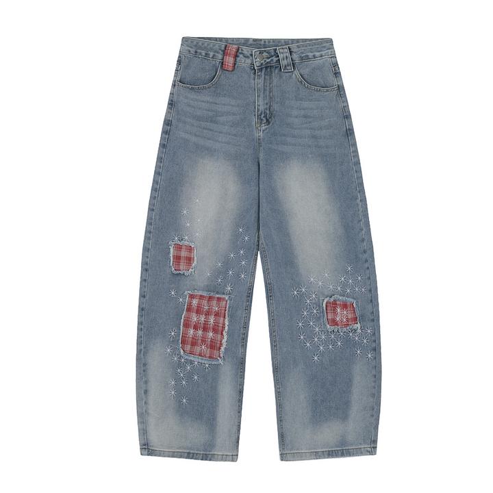 美式街头复古潮流个性破洞格纹补丁贴布拼接刺绣牛仔裤中性风裤子