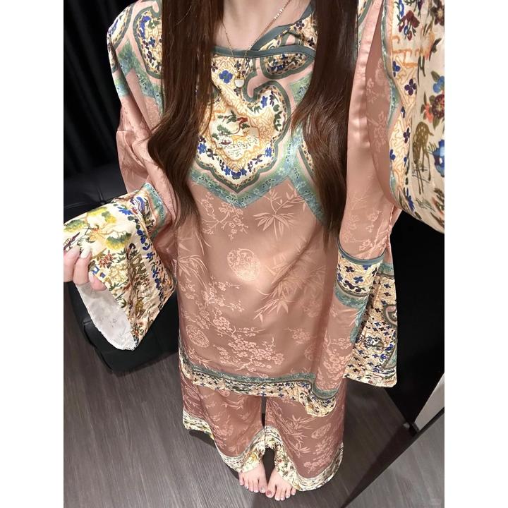 新中式国风复古花卉提花冰丝长袖睡衣女春秋季新款长裤家居服套装