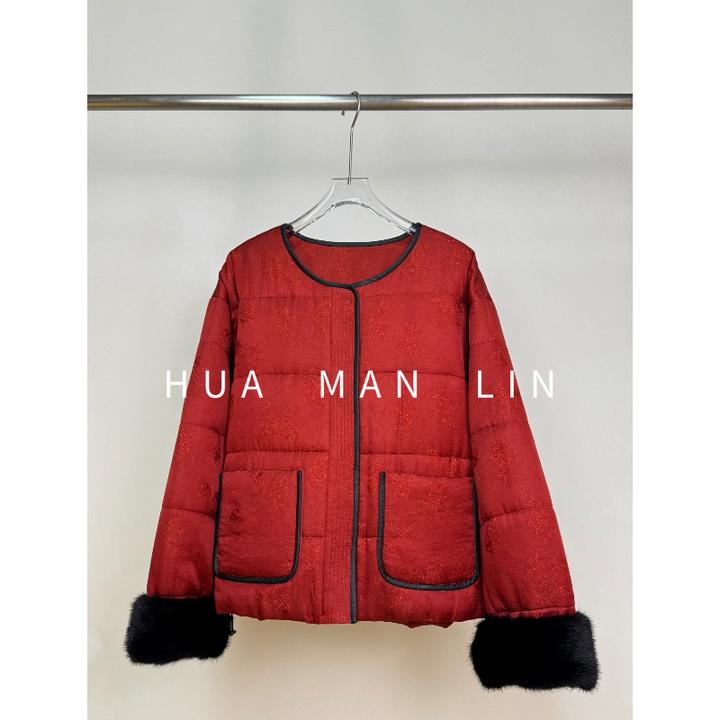 【花滿林】圆领撞色拼接提花缎真丝桑蚕丝拼接水水加厚外套257594