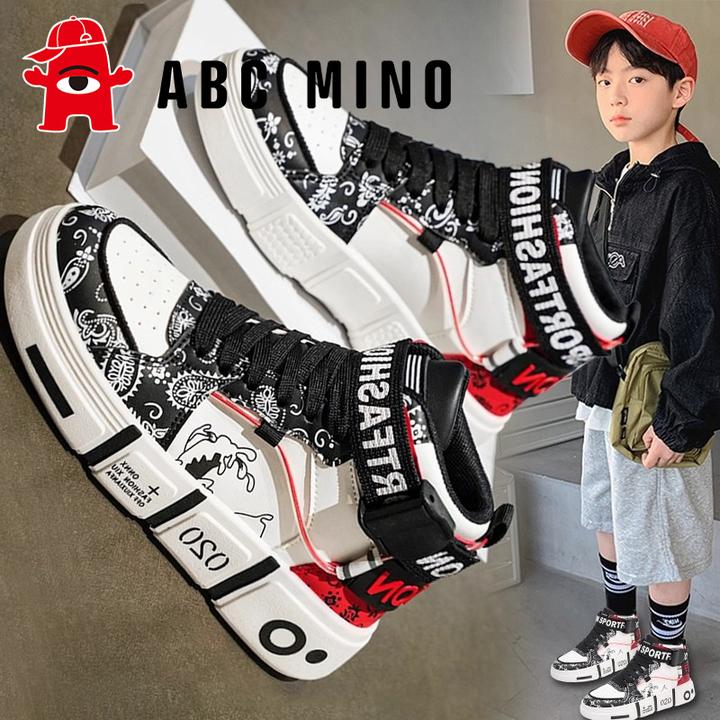 ABC MINO童鞋男童2025新款冬季高帮运动鞋中大童男孩皮面儿童板鞋