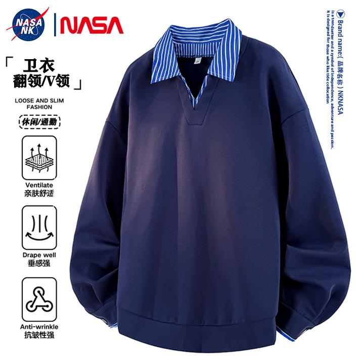 NASA联名美式拼接翻领结构卫衣男女同款高街秋季潮牌痞帅休闲上衣