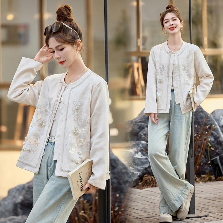 新中式国风显瘦好看上衣2025春装钉珠亮片复古刺绣重工盘扣短外套
