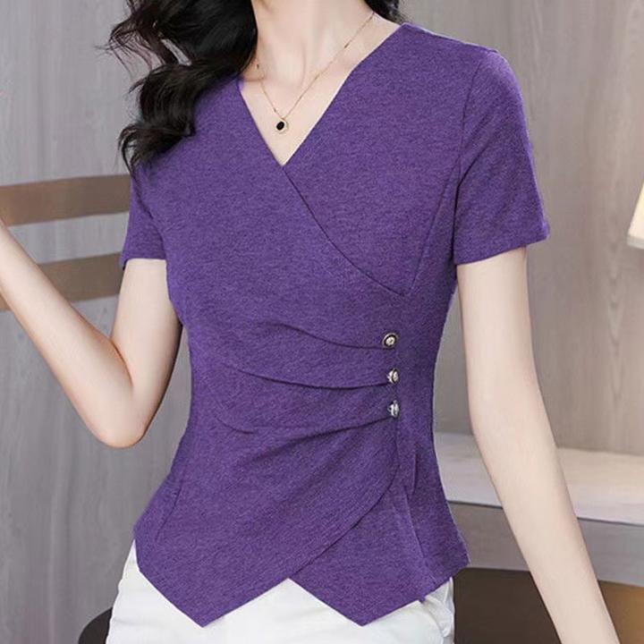不规则交叉V领上衣女夏季中年妈妈装时尚洋气减龄衣服短袖春装t恤
