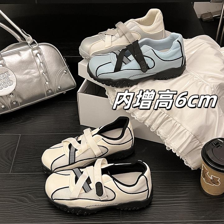 6cm内增高~银色玛丽珍鞋女软皮透气魔术贴厚底休闲运动芭蕾舞单鞋