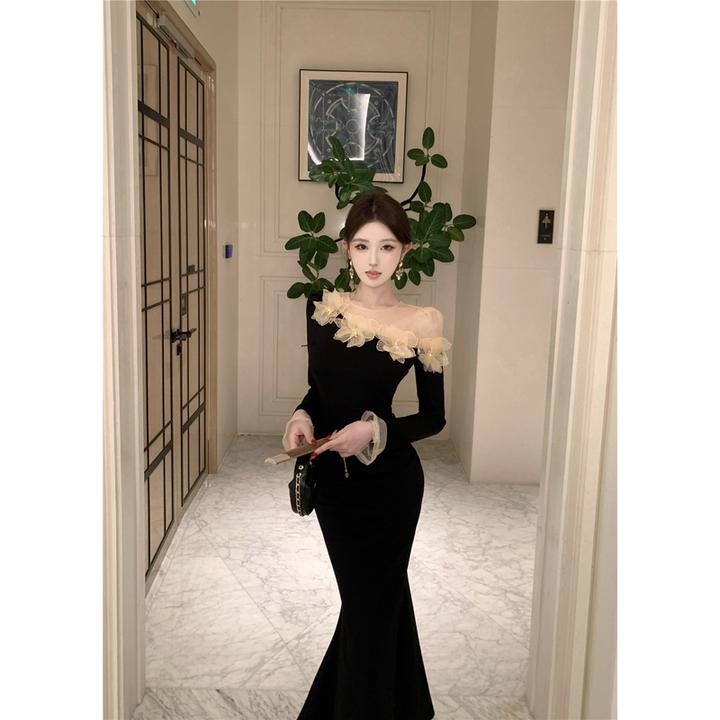 法式时尚别致绝美立体花朵网纱拼接斜肩透视鱼尾收腰连衣裙女