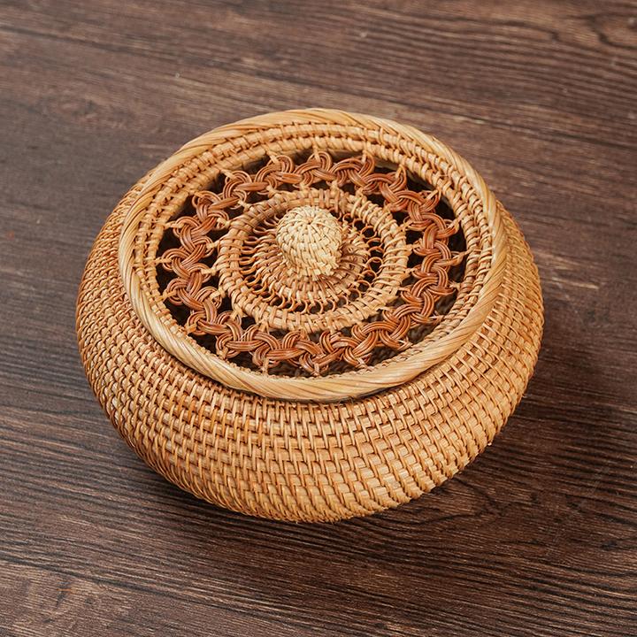 TB001（邱峰专属）手工中式藤编镂空宝盒家用客厅创意圆形收纳篮