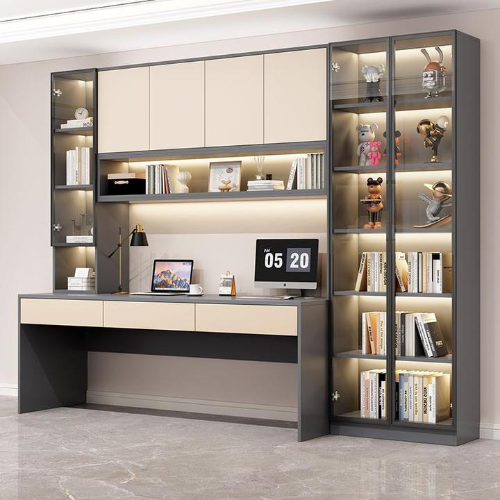 双人书桌书柜一体整墙实木电脑桌书架轻奢带玻璃门学生卧室学习桌