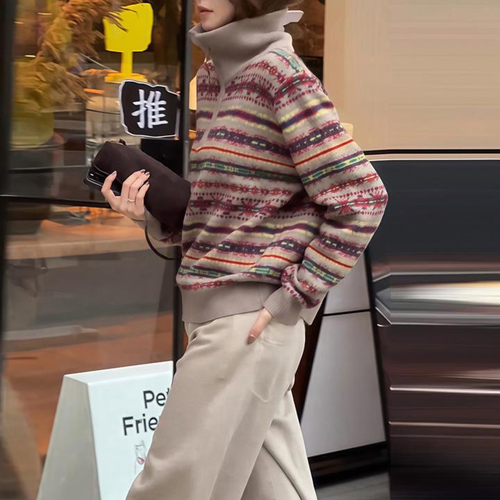 复古费尔岛风半拉链毛衣女秋冬2025新款撞色条纹巨好看短款针织衫