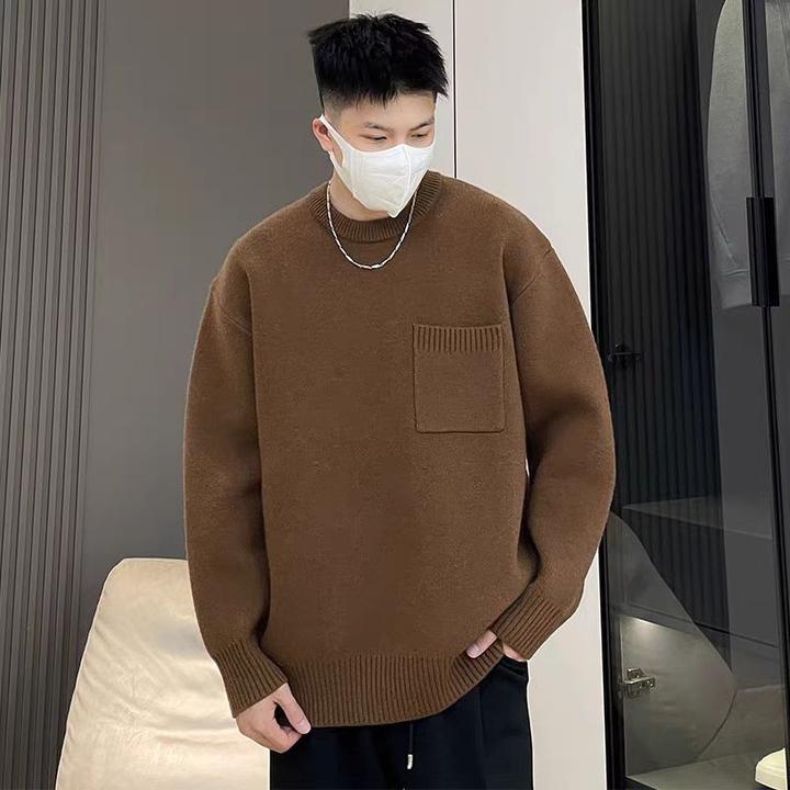 秋冬季新款纯色简约百搭口袋针织衫男保暖圆领套头毛衣慵懒高级感