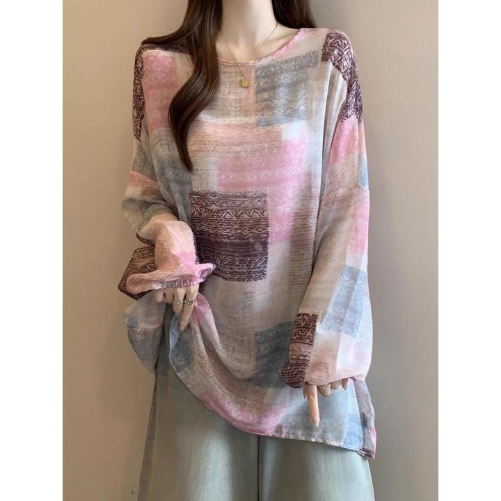 高级感撞色雪纺长袖T恤女夏季大码胖mm显瘦遮肚中长款衫上衣