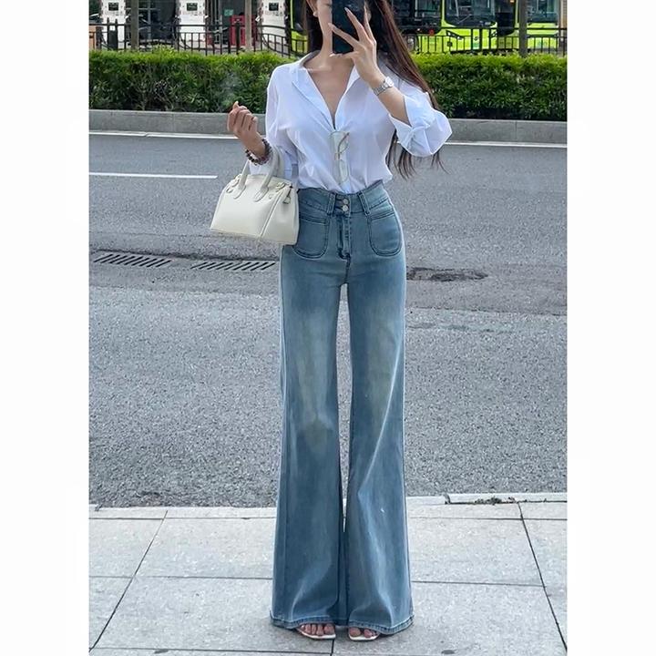 高腰百搭微喇牛仔裤女2025秋季新款小个子显瘦显高喇叭拖地长裤