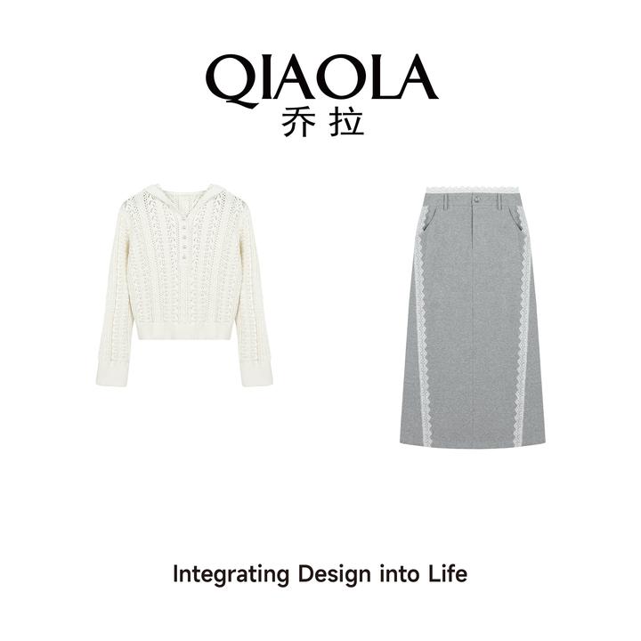 QIAOLA/乔拉【云影织谧】春夏季针织拼接蕾丝镂空编织毛衣套装