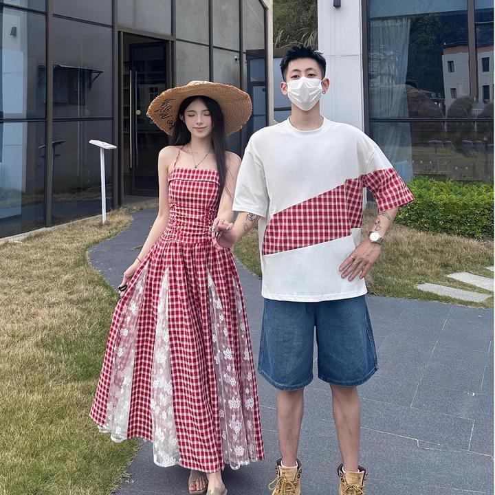 情侣装长裙显瘦格子拼接夏季百搭韩版连衣裙男短袖T恤一裙一衣