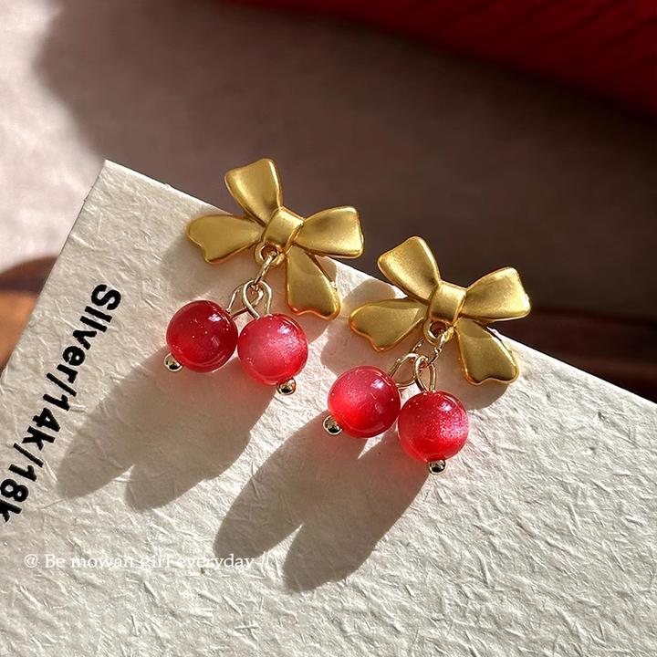 合金树脂耳饰 蝴蝶结红色珍珠耳环女2025新款高级感新年绝美耳钉