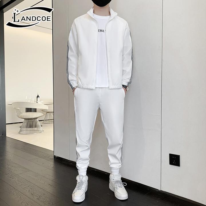 LANDCOE潮牌运动套装男士两件套青年帅气百搭春秋休闲开衫长裤1套