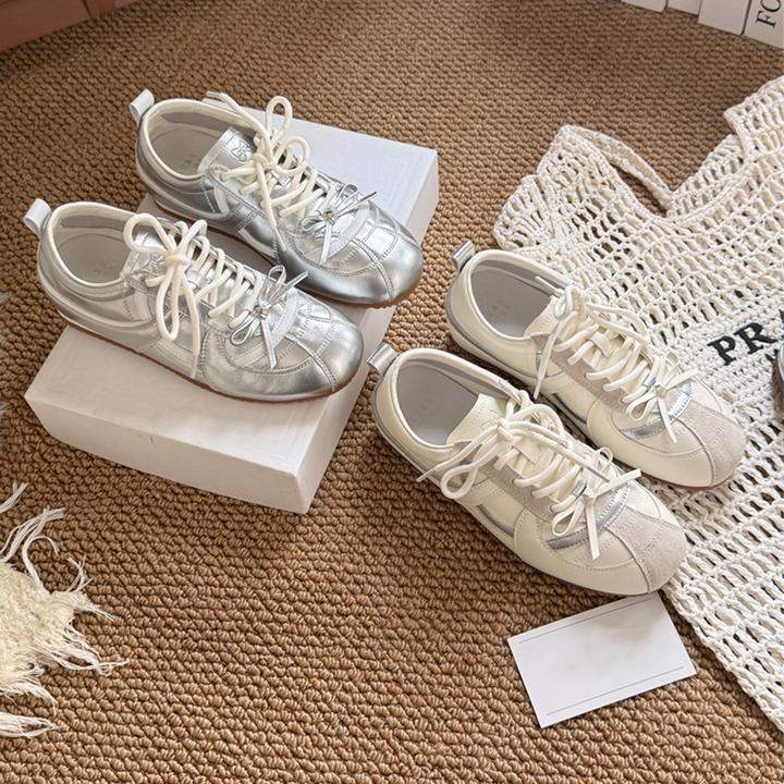 银色德训鞋女2025秋季新款休闲系带芭蕾风单鞋小众学生运动阿甘鞋