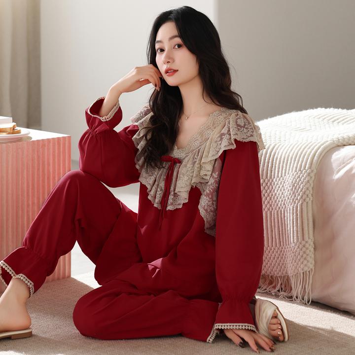 睡衣女款爆款2025新款纯棉套装春秋酒红色本命年结婚高级感家居服