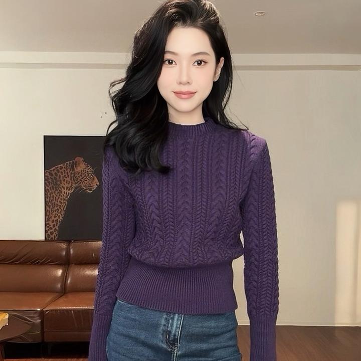 麻花圆领套头毛衣女秋冬内搭松弛感气质修身显瘦长袖打底上衣