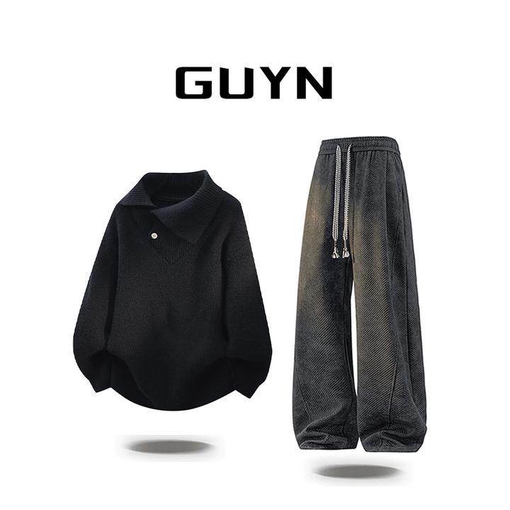 【品牌正品现货】GUYN美式简约翻领毛衣男秋冬季百搭休闲时尚针织衫