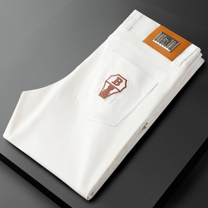 轻奢夏季薄款高端欧货弹力白色牛仔裤男修身小直筒休闲裤男士