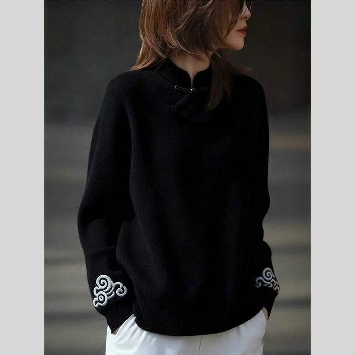 2025刺绣新中式立领盘扣针织衫女黑色长袖气质复古设计感上衣