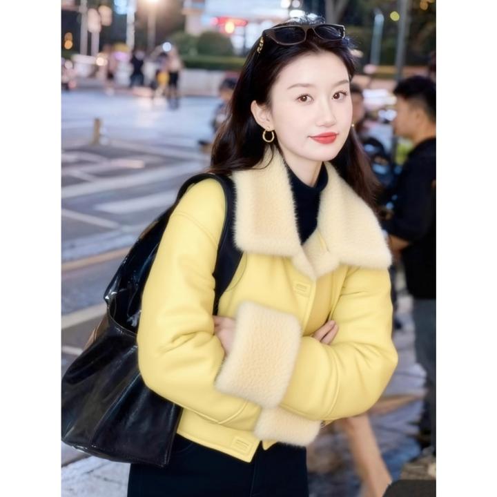 黄色皮毛一体羊羔毛外套女装冬季加绒小个子短款机车服上衣潮888