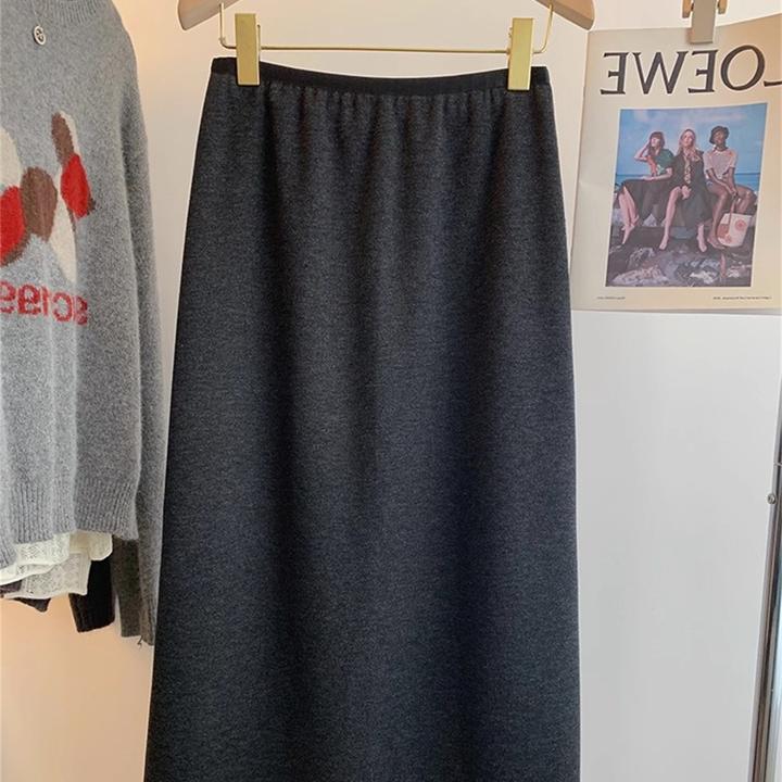 松紧腰毛呢半身裙女秋冬新款大码高腰遮胯显瘦后开叉中长款a字裙