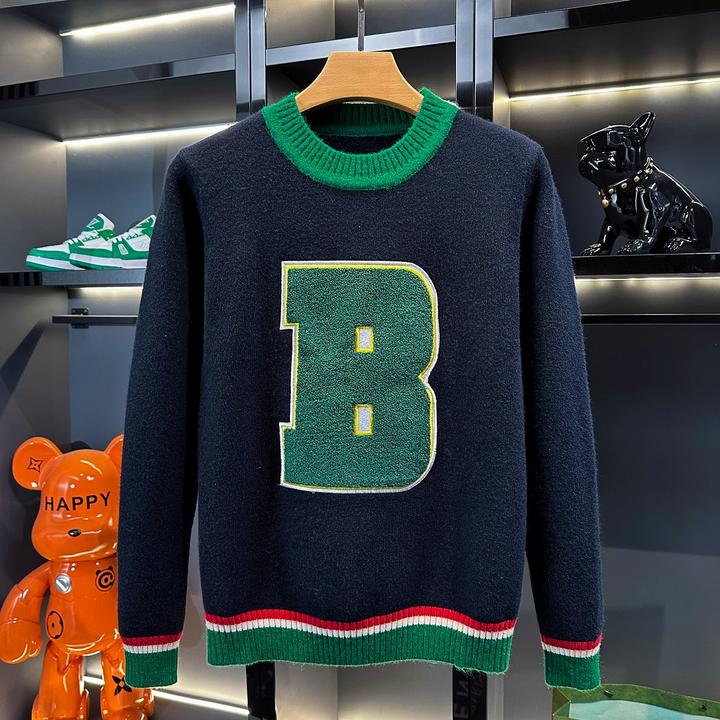 欧洲站潮流加厚保暖上衣拼色针织衫男轻奢字母植绒刺绣毛衣男冬季