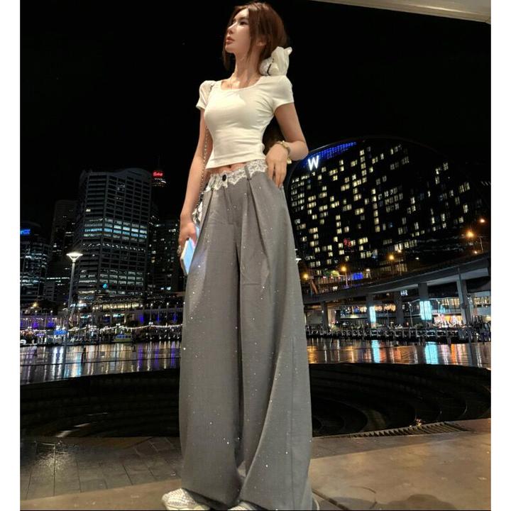 婉君蕾丝闪钻裤夏季设计感蕾丝拼接阔腿休闲裤LWJ25A1K871
