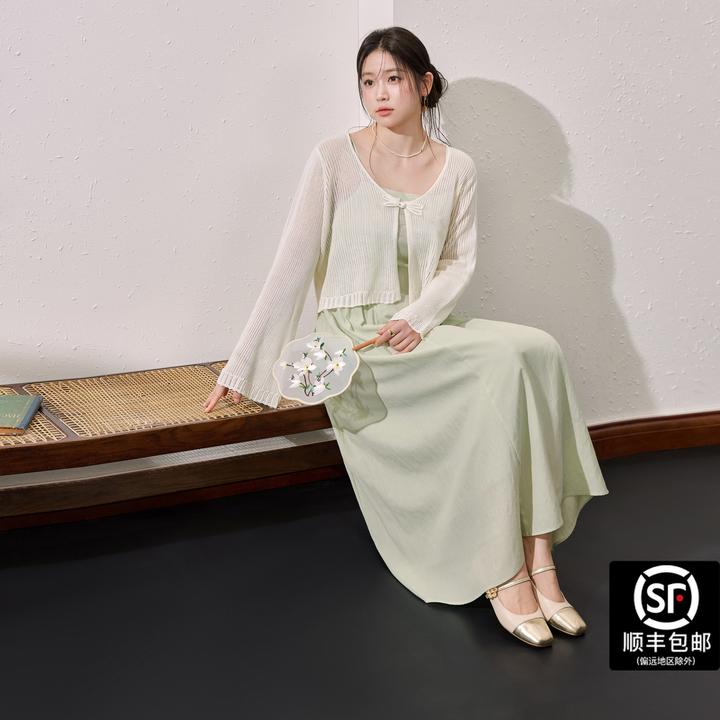 蓝语大码女装莱赛尔透气开衫国风收腰显瘦吊带连衣裙夏套装13161