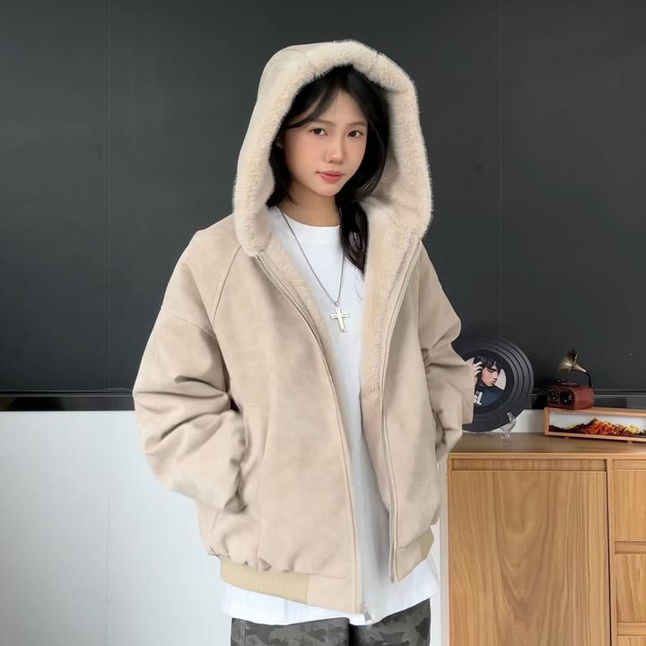 休闲加绒加厚款收口袖座山雕皮棉服棉衣连帽保暖外套2025男女中性