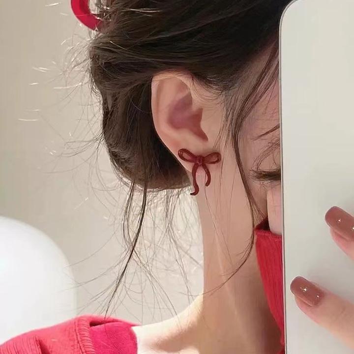 针复古红蝴蝶结耳钉2025新款爆款高级感女甜美高级感气质港风耳饰