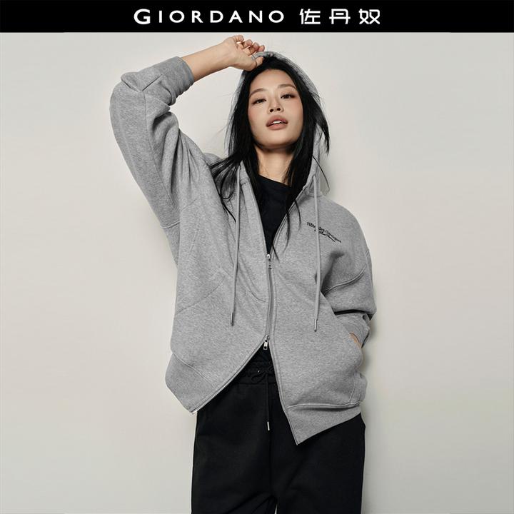 【韩国同款】佐丹奴秋冬女装内抓绒刺绣连帽针织卫衣外套 05324932